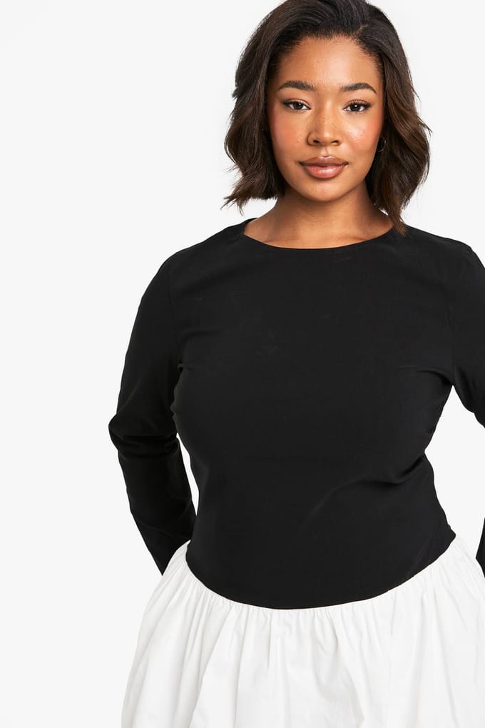 boohoo Dames plus bengaline contrast puffball mini jurk | Black | Maat: 28