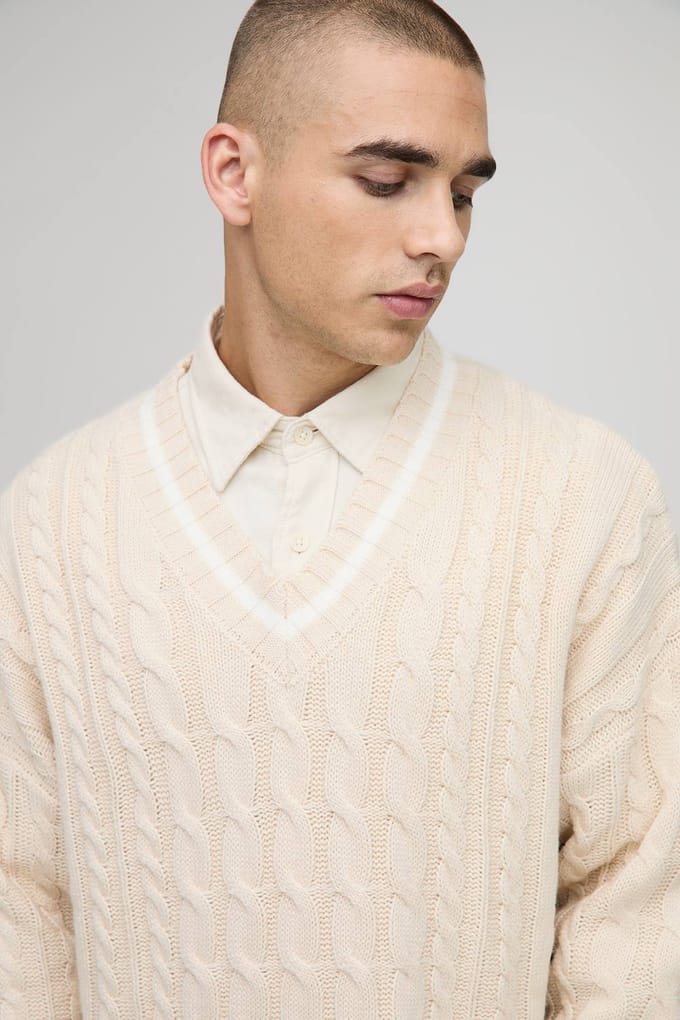 Boxy V Neck Cable Distressed Cricket Knitted Jumper | Ecru | Size Medium