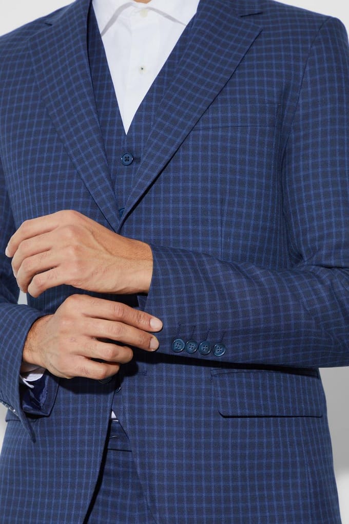 Single Breasted Slim Check Suit Jacket | Navy | Size 52