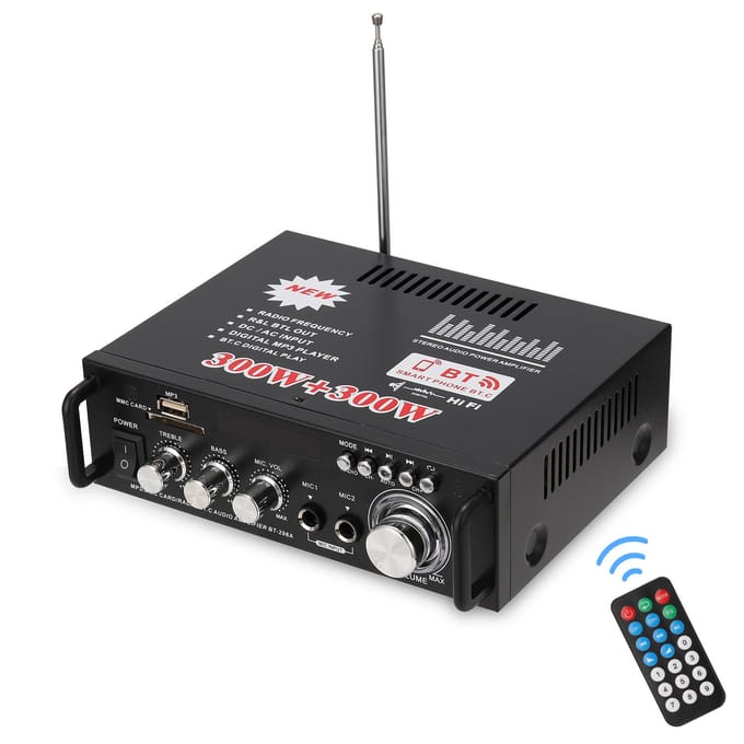 12V/ 220V Mini 2CH LCD-scherm HIFI Audio Stereo Eindversterker BT FM-radio Draagbare auto thuis 600W US Plug gray