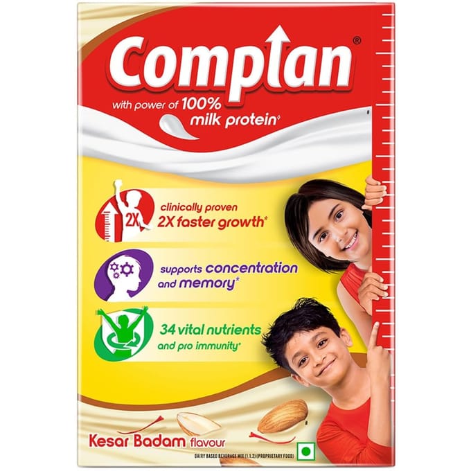 Complan Kesar Badam Voedingsdrankpoeder voor Kinderen 500 g Karton met Gratis Shaker, Eiwit & 34 Voedingsstoffen yellow