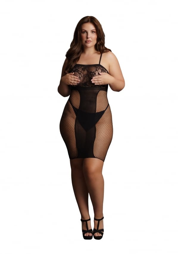 Knee-Length Lace and Fishnet Dress - Black - OSX