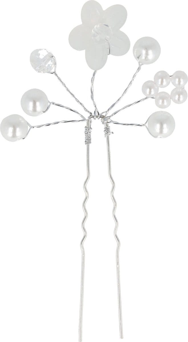 Haarsoires Haarspeld Haarpin 8cm - Bloem Parel Kralen - Wit Zilver