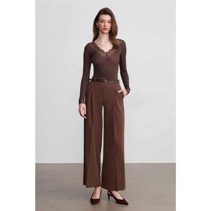Vrouwen Riem Taille Wijde Pijpen Crepe Broek