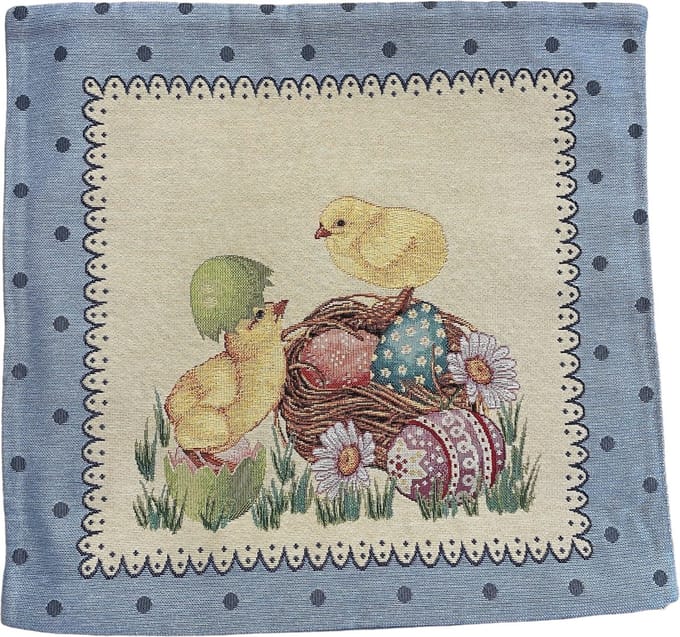 Kussenhoes - Gobelin - Pasen - Blauw - Met kuikentjes