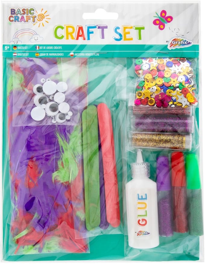 Grafix knutselset creatieve veren met glitters en oogjes.