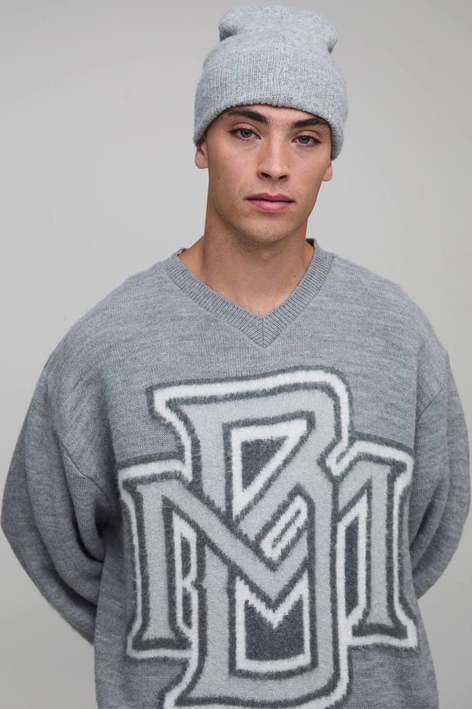 Oversized Boxy Geborstelde Boucle Varsity Gebreide Trui | Grey | Size Medium