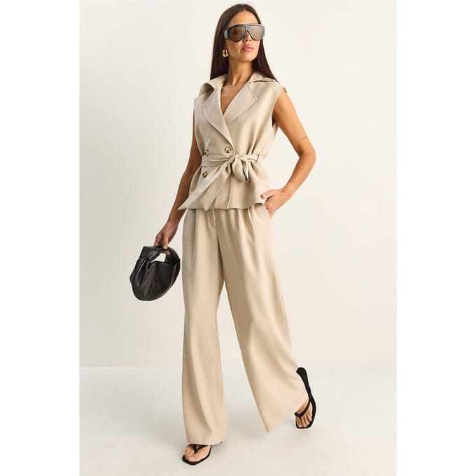 Hoge Taille Wijde Pijpen Co-ord Set met Sjaalkraag
