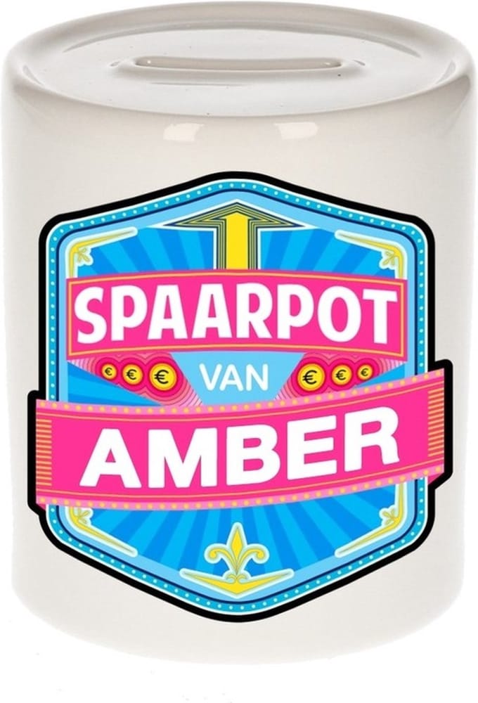 Bellatio Decorations Kinder spaarpot met naam - Amber - keramiek - met dop - wit - Sparen - Spaargeld van Amber