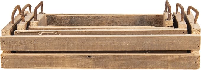 Clayre & Eef Decoratie Dienblad Set van 3 Bruin Hout Metaal Rechthoek Serveerschaal