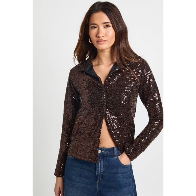 boohoo Dames Pailletten Oversized Doorknoop Shirt | Chocolate | Maat: 6