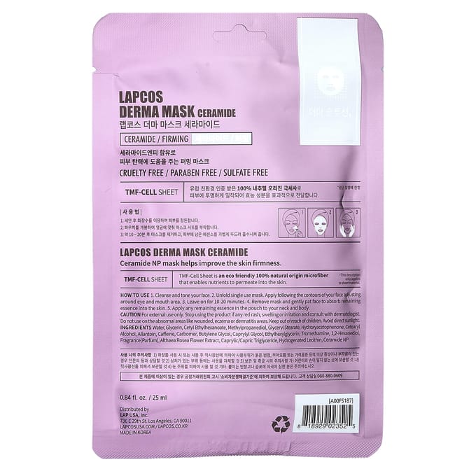 Lapcos, Masque Visage en Feuille Beauté Céramide, Raffermissant, 1 feuille, 25 ml (0,84 once liquide) pink