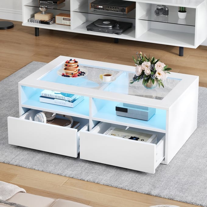 PHOEBE CAT Salontafel - LED-verlichting - 2 lades - Glazen tafelblad - Wit
