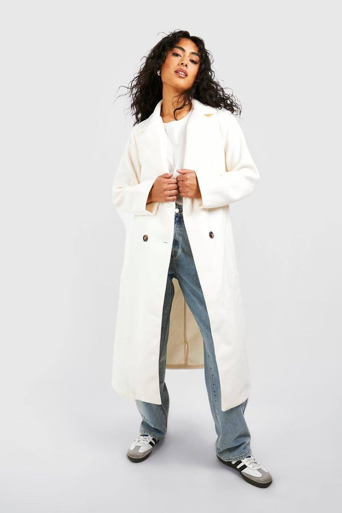 boohoo Dames Dubbelrijige longline jas | Cream | Maat: 10