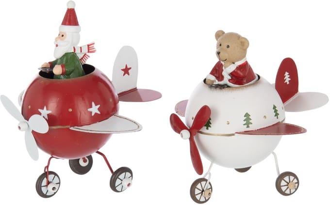 J-Line figuur Rendier + Kerstman Vliegtuig - metaal - rood/wit - large - 2 stuks