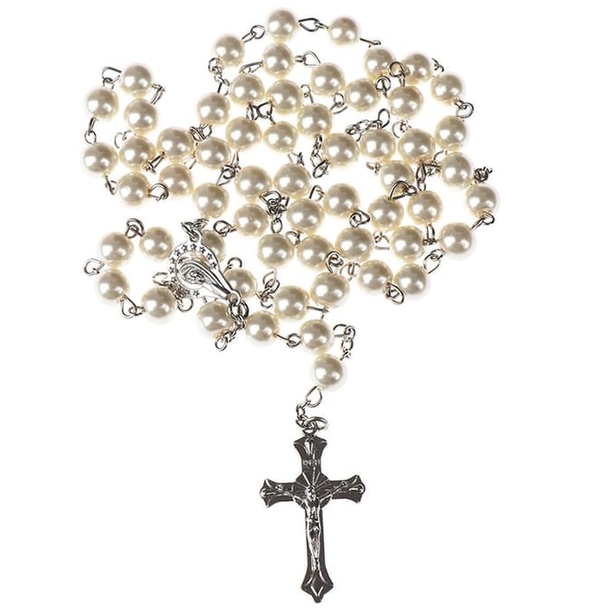 Fako Bijoux® - Rozenkrans Ketting - Kruis Klein - Parelmoer - 8mm - Wit