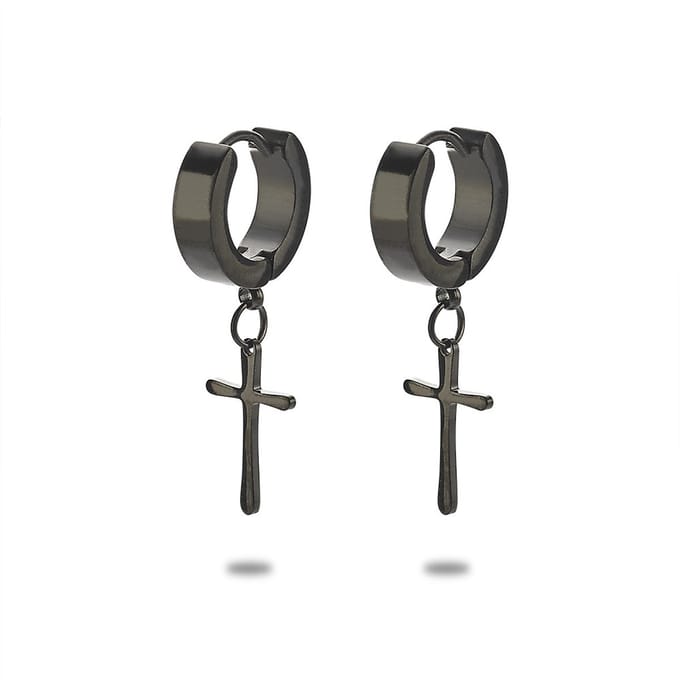 Twice As Nice Oorbellen in edelstaal, oorring met kruis, zwart