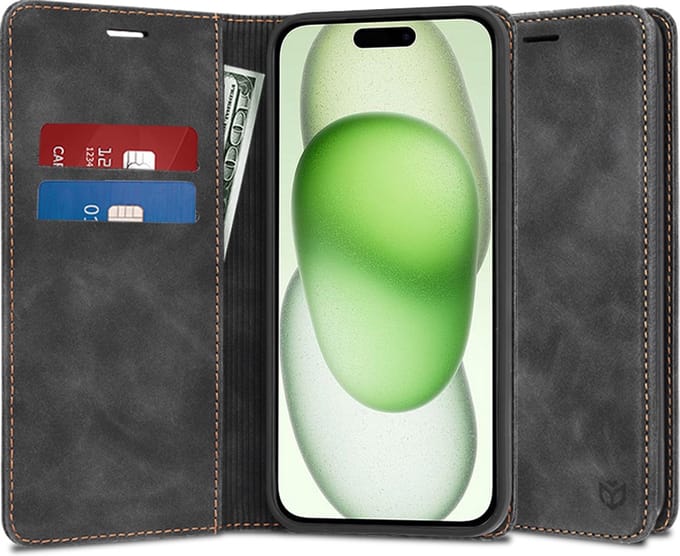 Hoesje geschikt voor Apple iPhone 15 Plus - Techsuit Confy Book Wallet Case - Zwart