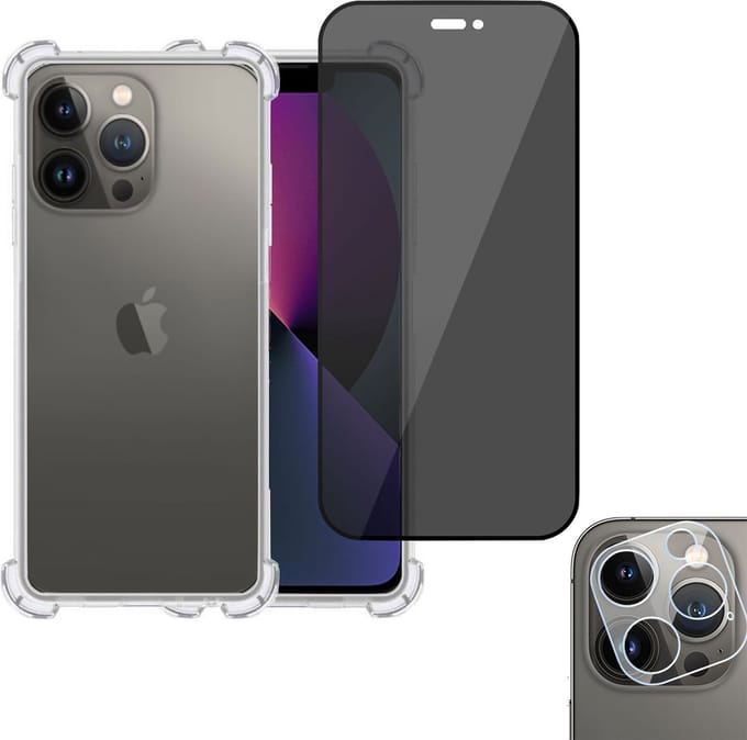 Hoesje geschikt voor iPhone 14 Plus + Privé Screenprotector + Beschermglas Camera Lens - Privacy Tempered Glass - Case Transparant