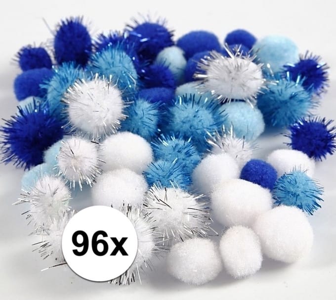 Knutsel pompons - 96x - wit/blauw - 15-20 mm - hobby bolletjes - ponpons