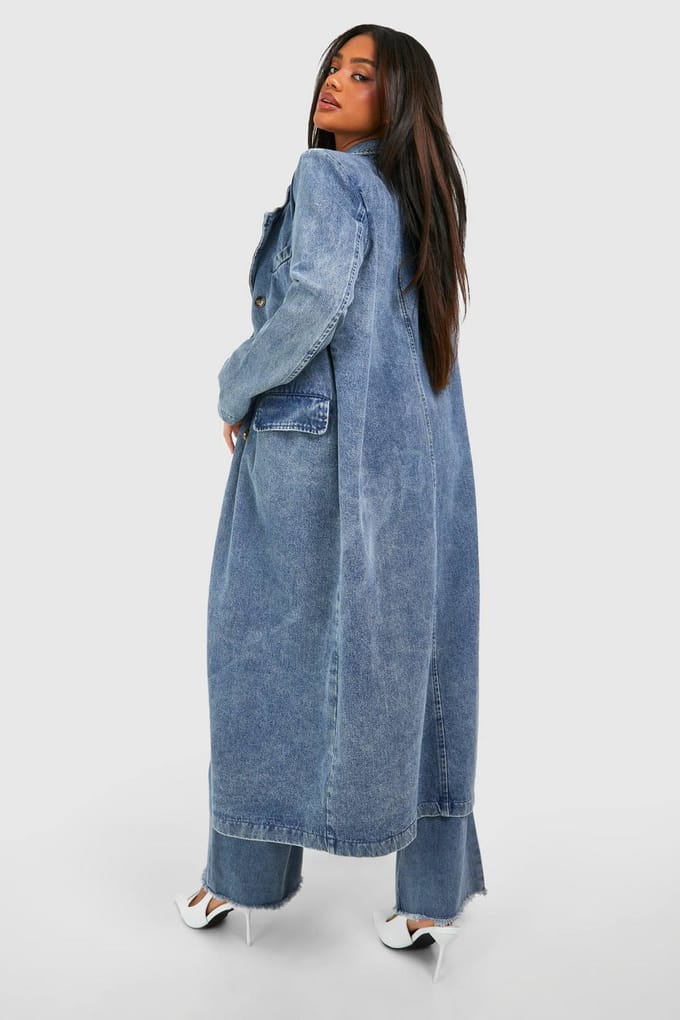 boohoo Dames Dubbelgeknoopte Denim Trenchcoat | Mid Blue | Maat: 6