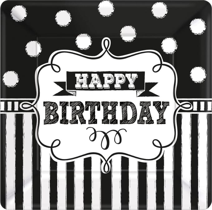 8 borden zwart/wit Happy Birthday vierkant karton 25,4cm