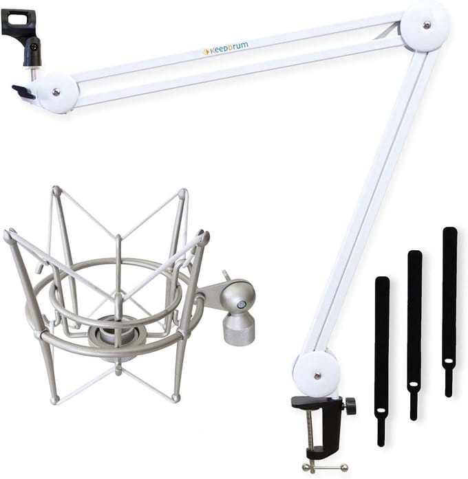 Microfoonarm Statief - Zwenkarm Tafelmontage - Studio Opnames - Verstelbare Positie - 100cm Bereik - Wit Zilver