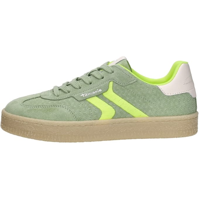 Tamaris dames sneakers van groen leer met neonstrepen