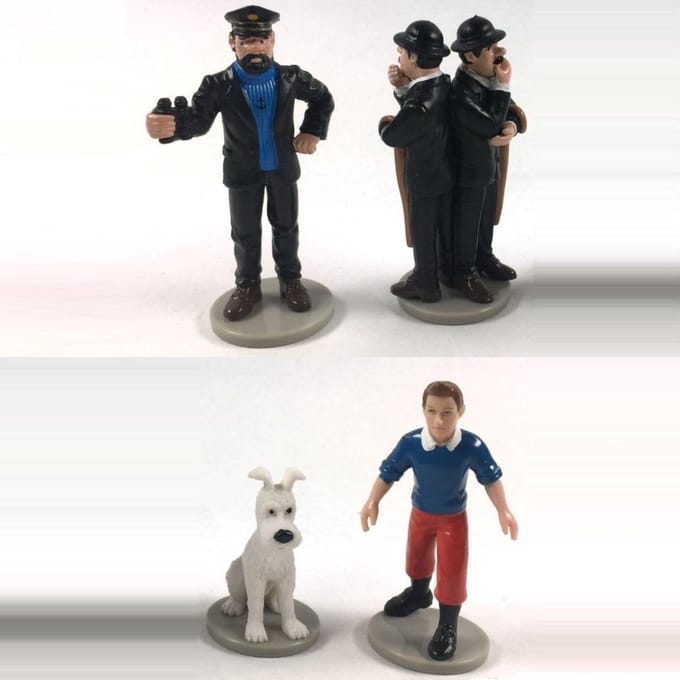 Kuifje speelset / taarttoppers op rondje met Bobbie en Haddock - 4-7cm
