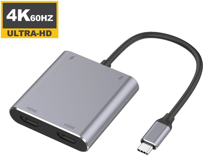 Compact USB-C Hub naar 2 x HDMI + USB3.0 + USB-C (voor opladen)