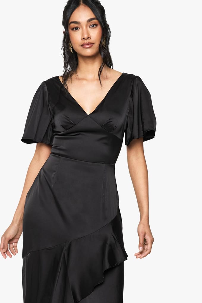boohoo Dames Satijn Angel Sleeve Midaxi Jurk | Black | Maat: 10