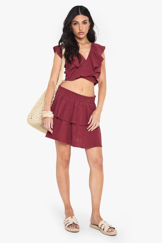 boohoo Dames Kaasdoek Crop Top met Ruffles Wrap-ontwerp | Red | Maat: 14