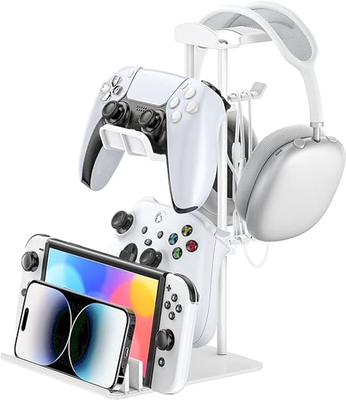 Gaming Headset Standaard met Controllerhouder – Aluminium Headphone Stand – Houder voor 2 Controllers, Headset & Smartphone – Kabelmanagement – Universele Gaming Accessoire