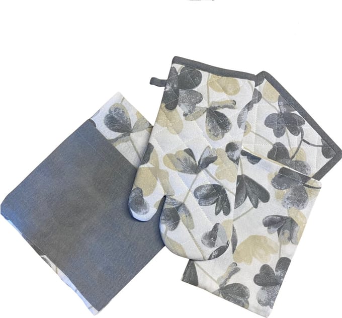 Bundel - Klavertje vier - Grijs - Beige - Schort - Theedoek - Ovenwant - Pannenlap