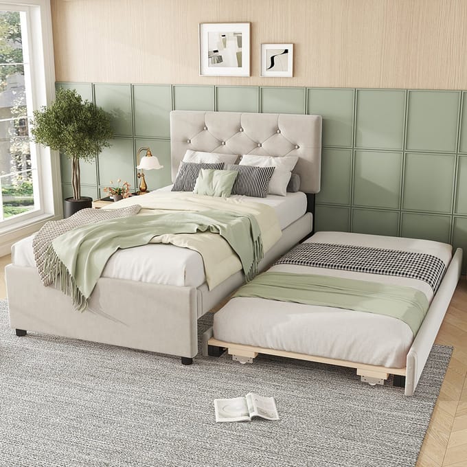 Pugsdrly Gestoffeerd bed, 90 x 200 cm, bed met lattenbodem (zonder matras), bed met rolcontainer, fluweel, minimalistisch, beige