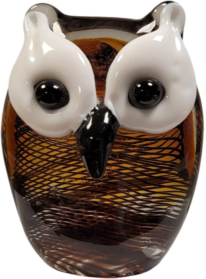 Dierenbeeld uil van murano glas - 4x8x11 cm - handgemaakt amber helder en wit
