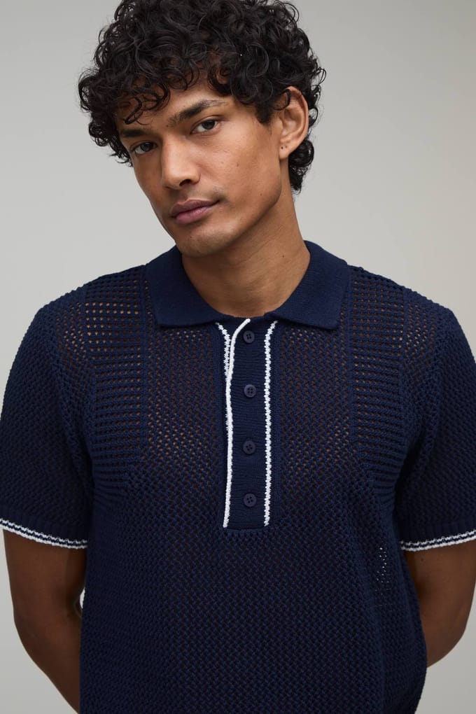 Regular Fit Contrast Open Stitch Knitted Polo T-Shirt | Navy | Size 2XL