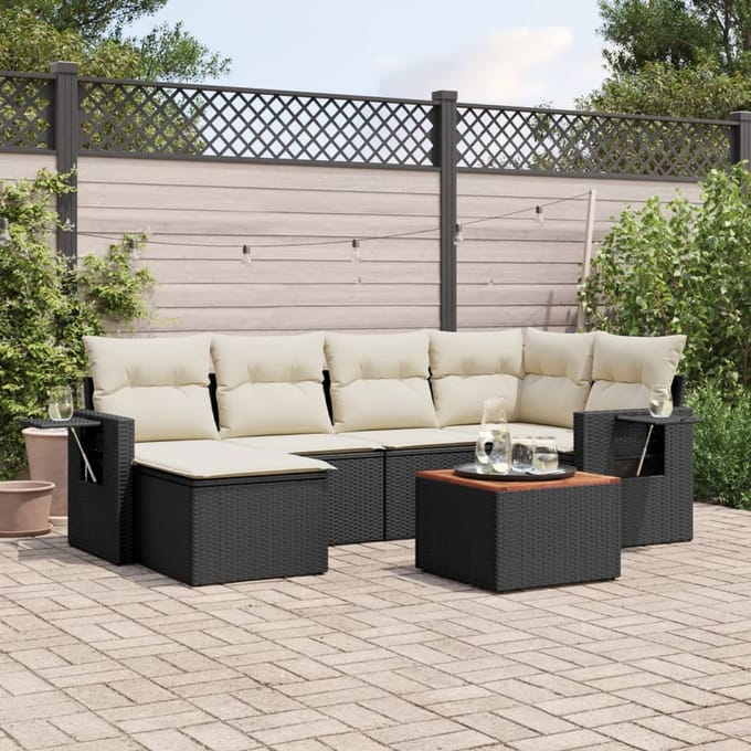 vidaXL - 7-delige - Loungeset - met - kussens - poly - rattan - zwart
