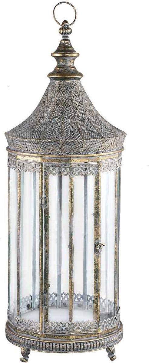 PTMD Hanne Lantaarn Antiek - H94 x Ø34 cm - Ijzer - Grijs/goud