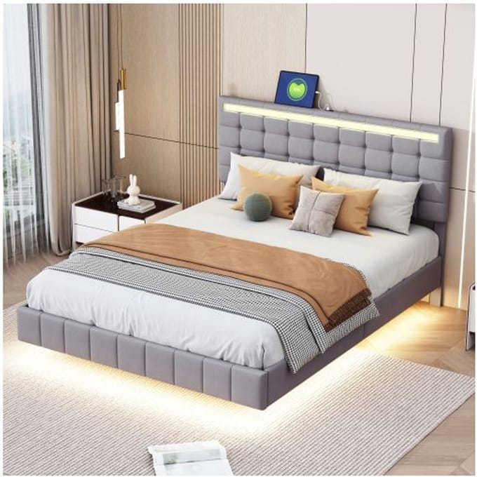 Lit - MUVOE - 140 x 200 cm - Rembourré - LED - Design moderne avec pieds cachés