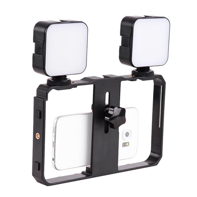 Mini LED Videolamp 5W Fotografie Invullicht 6500K Dimbaar, 2 stuks + Handheld Smartphone zwart
