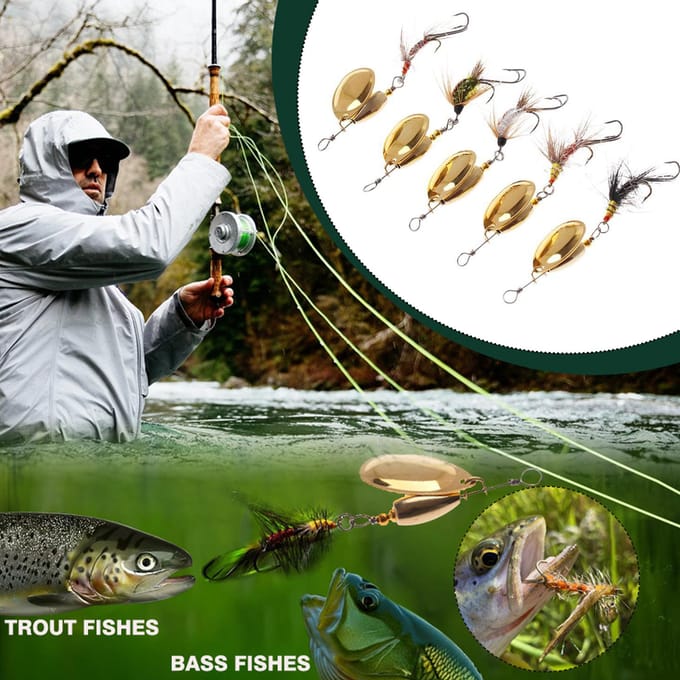5 stuks Spinner Bait Set Vlieg Strikers Assortiment Vis Spinners Kunstaas met Haak voor Baars Forel goud
