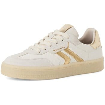 Tamaris dames sneakers van wit leer met gouden strepen