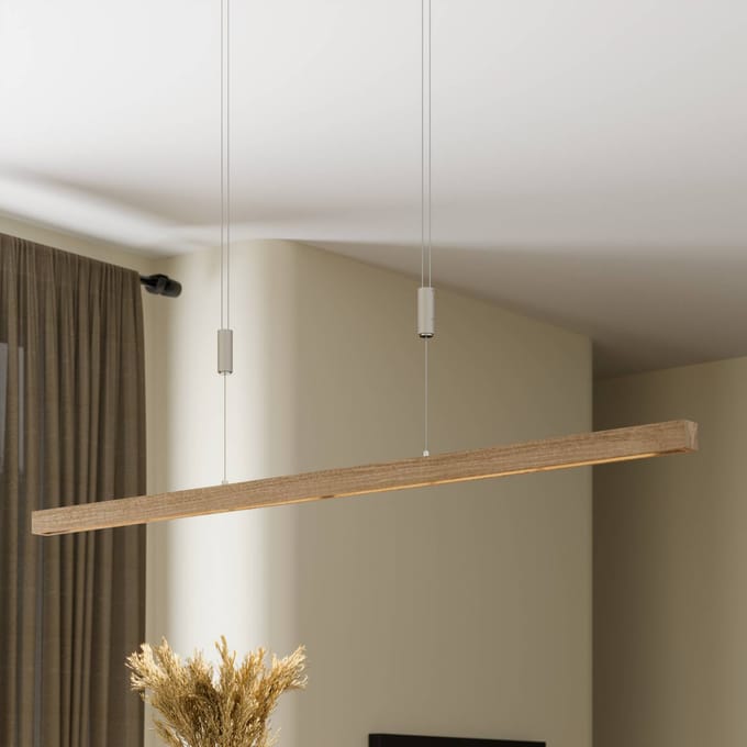 Quitani LED hanglamp Nora, eikenhout naturel, lengte 118 cm