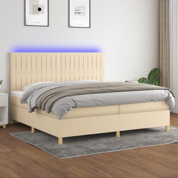 vidaXL - Boxspring - met - matras - en - LED - stof - crèmekleurig - 200x200 - cm