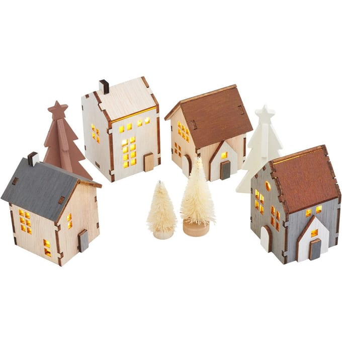 VBS Houten huisje tafereel, verlicht, 8 stuks