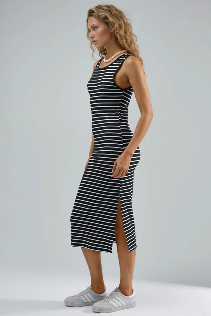 Gestreepte U-Hals Bodycon Midi Jurk
