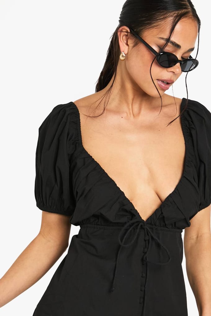 boohoo Dames Cotton Poplin Puff Sleeve Playsuit | Black | Maat: 12