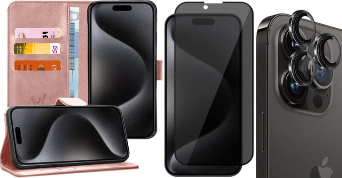 Hoesje geschikt voor iPhone 15 Pro - Privacy Screenprotector FullGuard & Camera Lens Screen Protector Zwart - Book Case Kunstleer Pasjeshouder Rosegoud