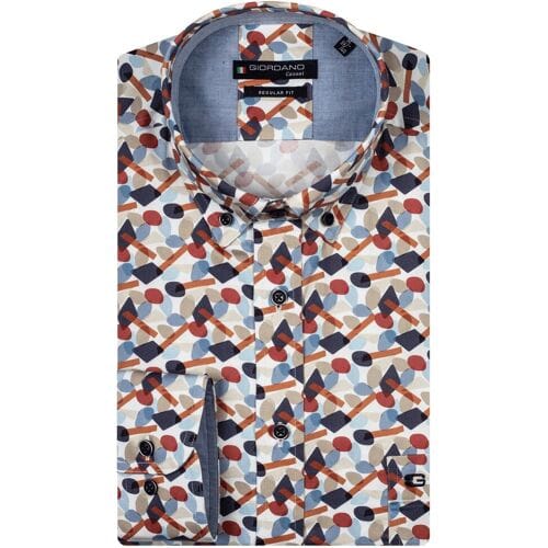 Giordano Overhemd Ivy Button-Down Multi Shapes Fantasy Rood-Navy / male